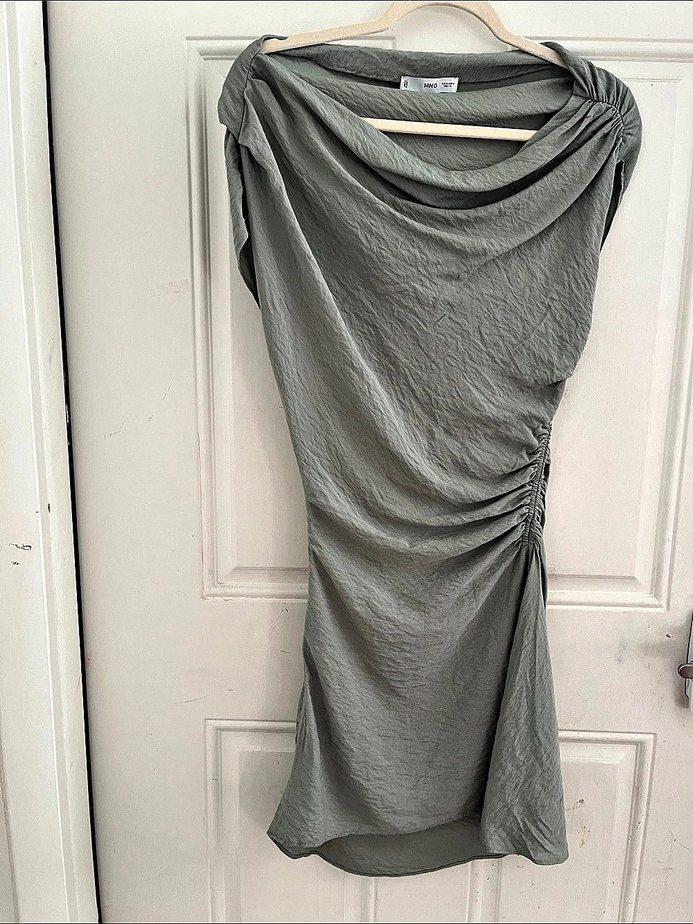 MNG Ruched Gray Midi Dress Size Medium Like New